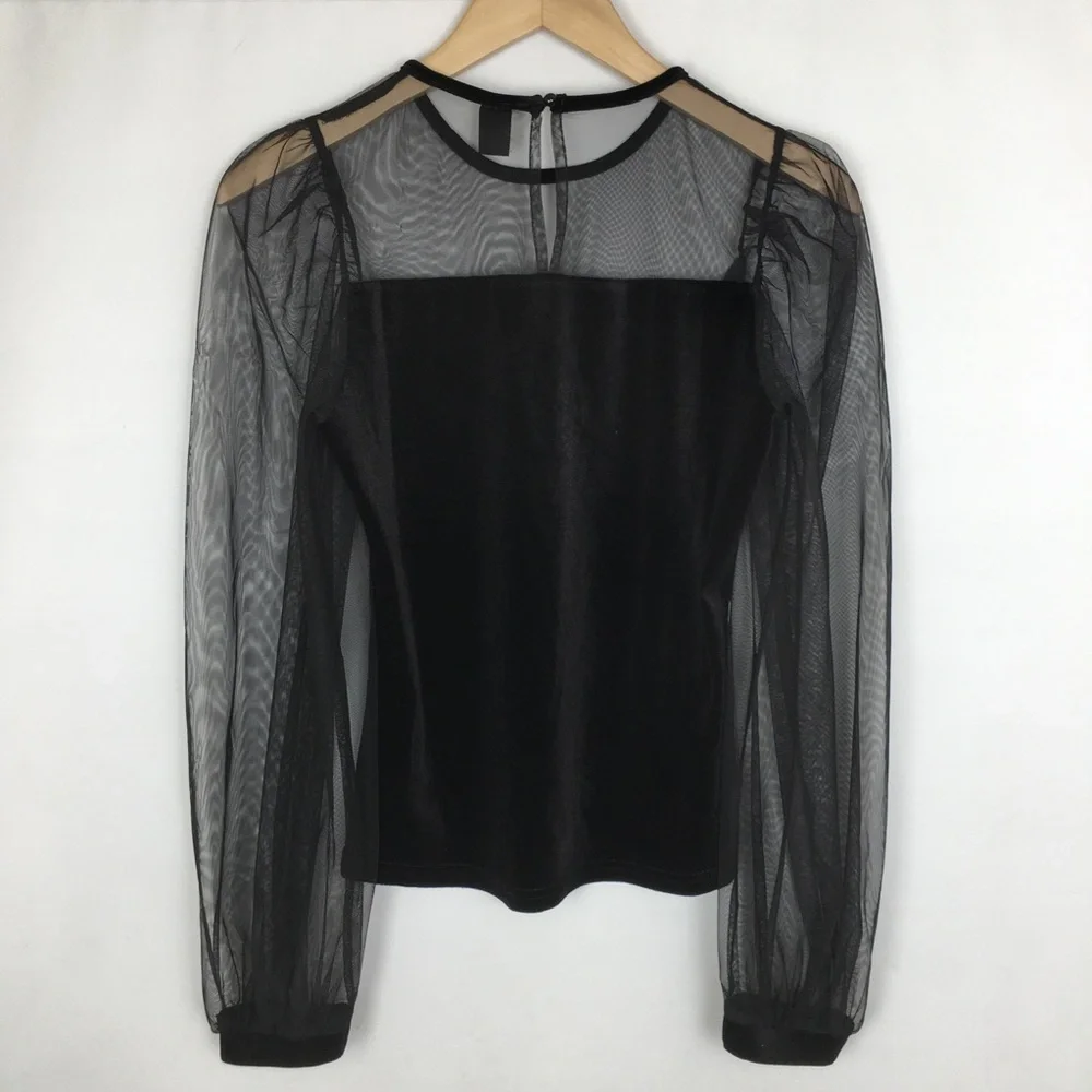 Sexy Y2K Gothic Velour Mesh Top Black Women’s Size M Whimsigoth Long Sleeve - Picture 9 of 10